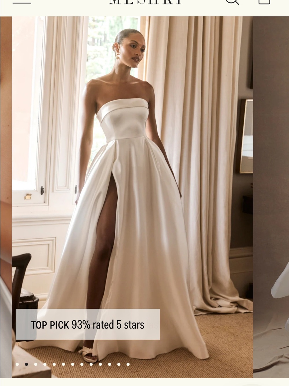 Meshki White Strapless Satin Ball Gown with High Slit “Eileen”